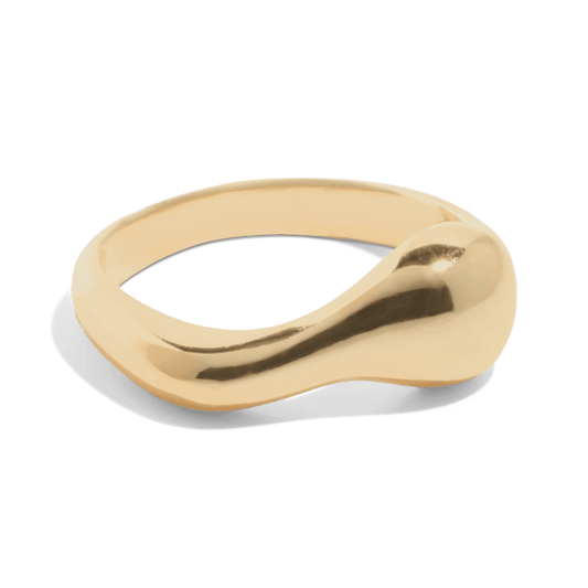 polished gold ring with an organic, fluid shape, and wavy form design.