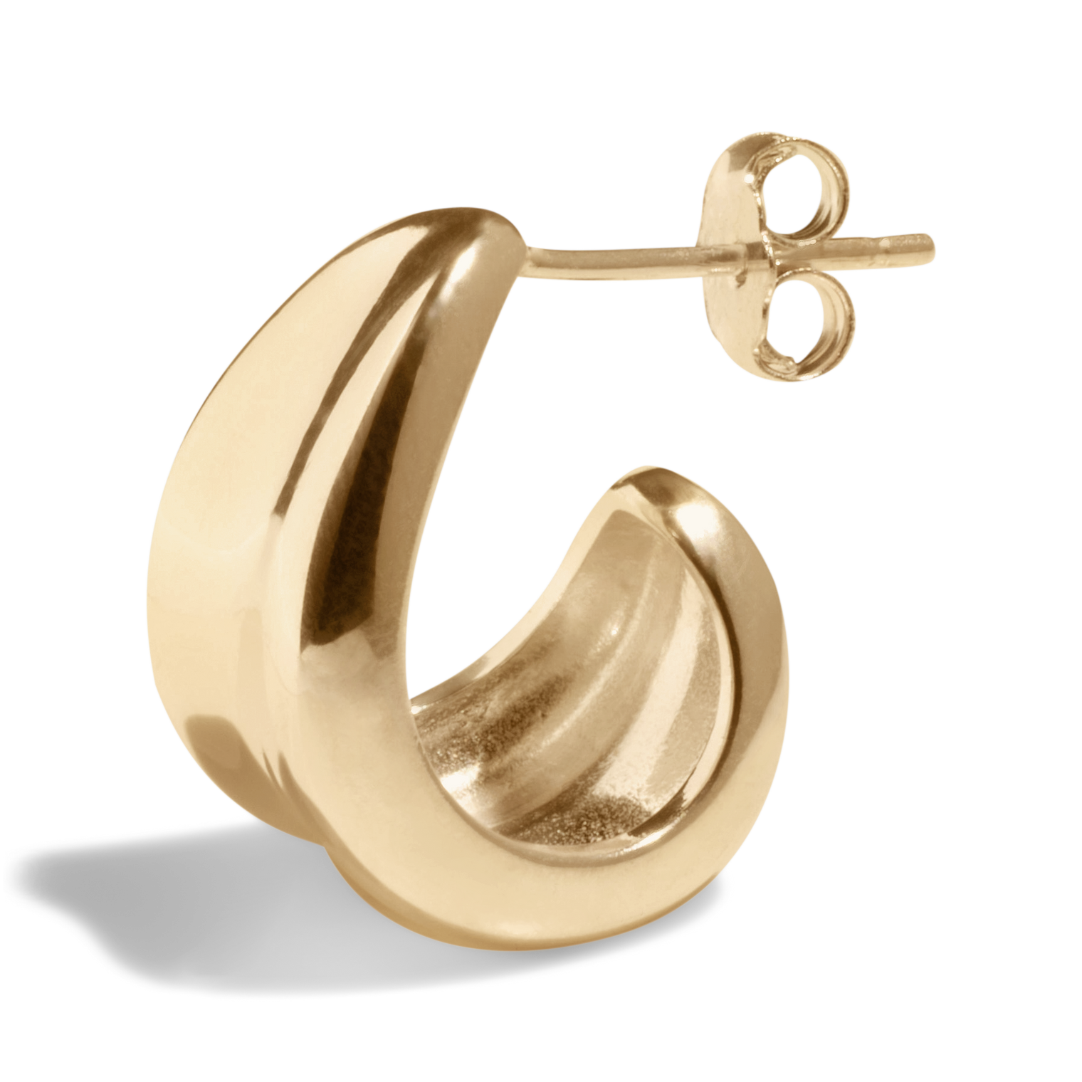 Packshot of a chunky gold hoop earring with a smooth, polished finish, perfect for a bold fashion statement