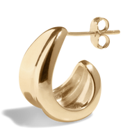 Packshot of a chunky gold hoop earring with a smooth, polished finish, perfect for a bold fashion statement