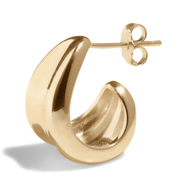 Packshot of a chunky gold hoop earring with a smooth, polished finish, perfect for a bold fashion statement