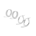 packshot with two pairs of silver hoop earrings with one being a shiny hoop huggie