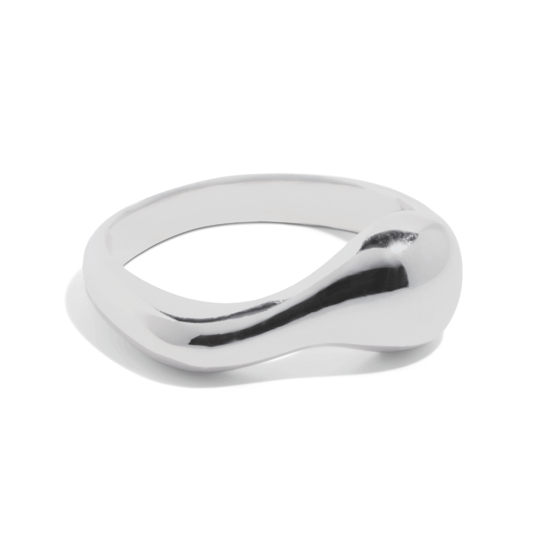 polished silver ring with an organic, fluid shape, and wavy form design.