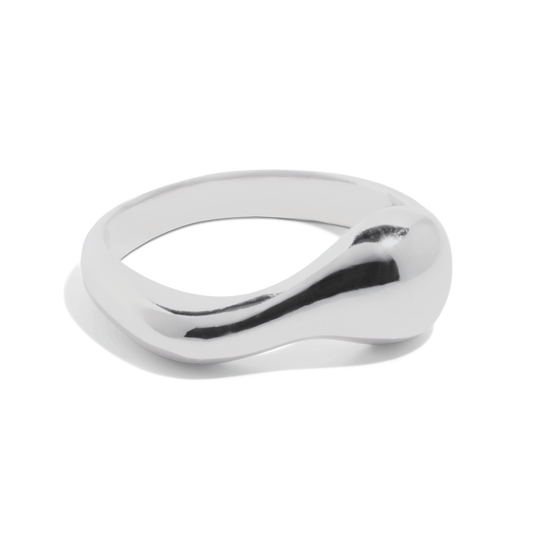 polished silver ring with an organic, fluid shape, and wavy form design.