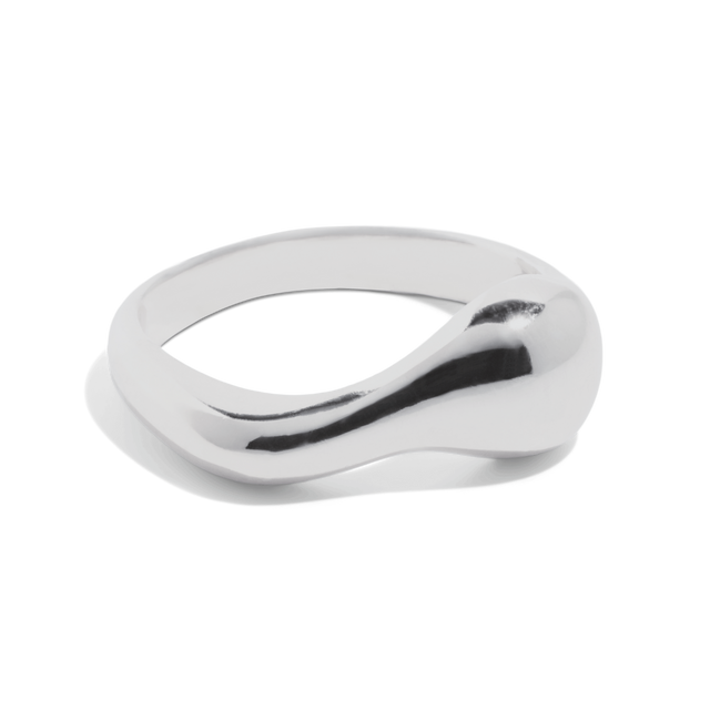 polished silver ring with an organic, fluid shape, and wavy form design.