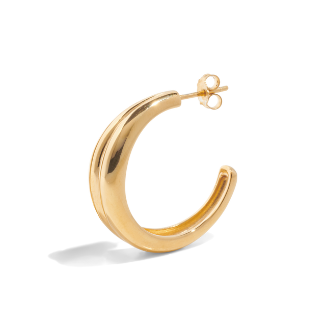 Gold hoop earring packshot the hoop has a double stacked design