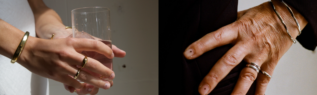 A banner with to pictures: the left picture is two hand holding a transparent glass of water, with a bold bracelet on one arm, the back of another bracelet on the other arm, and two rings; on the right picture, an older hand, with silver jewelry collection, two thin and uneven silver bracelet and two silver rings. 